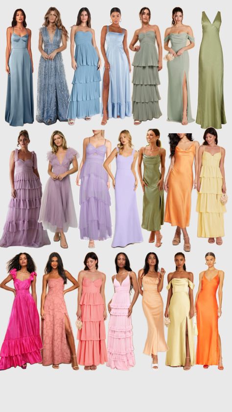 Garden Theme Wedding Bridesmaid Dresses, Colorful Wedding Outfit Guest, Wildflower Bridesmaids Dresses, Bridesmaids Multicolor Dresses, Wedding Guest Attire Guide Dress Codes, Pastel Wedding Guest Dress Code, Rainbow Bridesmaid Dresses Color Schemes, Beach Wedding Guest Color Palette, Black Tie Garden Wedding Guest Dress