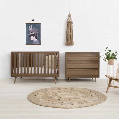 Walnut Nifty Timber Cot | Temple & Webster Sleepy Monkey, Crib Conversion Kit, Wood Crib, Wooden Cribs, Nursery Trends, Furniture Packages, Adjustable Mattress, Baby Cot, Convertible Crib