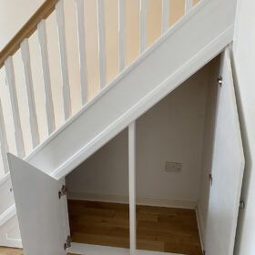 Understairs Storage – Staircase Fitting & Bespoke Furniture Essex Under Stairs Storage Open Plan, Small Under Stairs Storage, Stair Cupboard, Desk Under Stairs, Door Under Stairs, Cabinet Under Stairs, Stairway Storage, Understair Storage, U Shaped Staircase