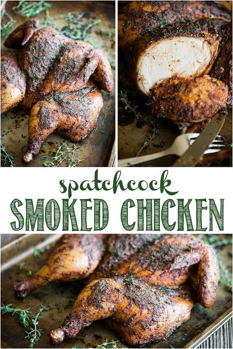 Spatchcock Smoked Chicken is a whole chicken cut to lay flat, covered in a delicious dry rub, and smoked to tender moist perfection. #spatchcock #smoked #chicken #whole #rub #dryrub #sauce #bbq #how #recipe #electricsmoker Spatchcock Chicken Grilled, Whiskey Bbq Sauce, Smoker Recipes Chicken, Chicken Rub Recipes, Smoked Chicken Recipes, Smoked Whole Chicken, Pellet Smoker Recipes, Traeger Grill Recipes, Meat Bbq