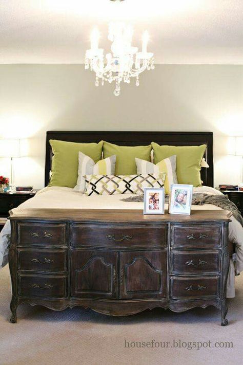 Dresser as a footboard. I love doing this but I especially love this dresser Dresser At End Of Bed, Awesome Furniture, Bed Dresser, Bedroom Bliss, Pets Diy, Book Shelves, Up House, Bed Room, Remodel Ideas