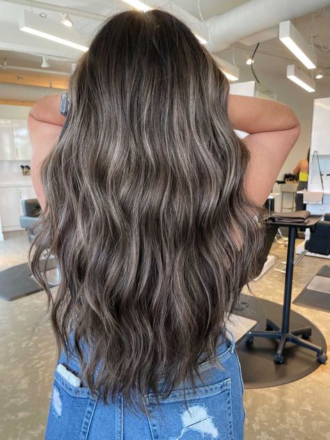 Dark Hair With Light Dimension, Dimensional Balayage Ashy, Brunette With Ashy Balayage, Dark Brown Bolyoge Hair, Ash Blonde Balayage Dark Hair, Dark Ash Blonde Balayage On Black Hair, Dark Brown Hair Ash Blonde Highlights, Brown Hair Inspo Short, Dark Brown Hair With Silver Balayage