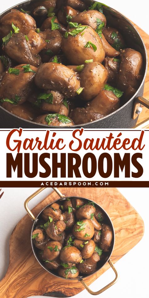 These roasted mushrooms are the perfect addition to your holiday table! The white mushrooms are sautéed with garlic, making it a healthy side dish everyone will love. Save this pin and make these roasted mushrooms now to impress your guests! How To Saute Mushrooms, Sides For Thanksgiving Dinner, Thanksgiving Mushrooms, Easy Holiday Dinner Recipes, Side Dish For Steak, Potato Pasta Salad, Holiday Dinner Party Menu, Easy Holiday Dinner, Steakhouse Mushrooms