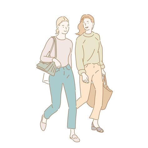 Friends Walking Together Drawing, Woman Walking Illustration, Two Girls Talking Drawing, Walking Cartoon, Friends Illustration, Minimalist Drawing, Drawings Of Friends, Girl Talk, Two Girls