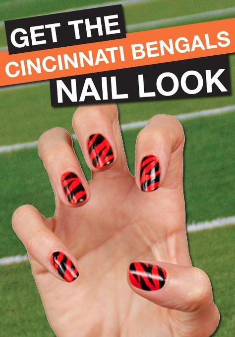 cincinnati bengals Bengals Makeup, Bengals Nails Designs, Cincinnati Bengals Nails, Bengals Nails, Nails Football, Pedi Colors, Sports Nail Art, Tiger Stripe Nails, Nfl Nails