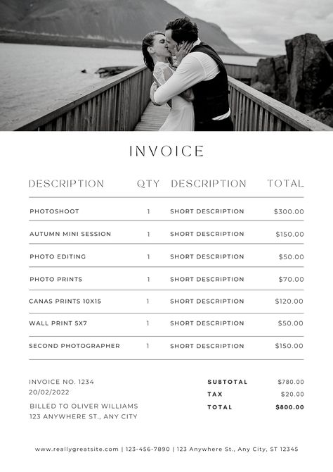 Editing your invoices is now easier than ever. This professional and simple invoice is easy to edit on Canva, so you can put your best foot forward. With this template, you'll be able to take your business to the next level! #canva #template #photography #invoice Photographer Business Plan, Photographer Essentials, Photography Business Forms, Photography Invoice Template, Advertisement Ideas, Book Photoshoot, Photography Business Plan, Photography Invoice, Photography Pricing Template