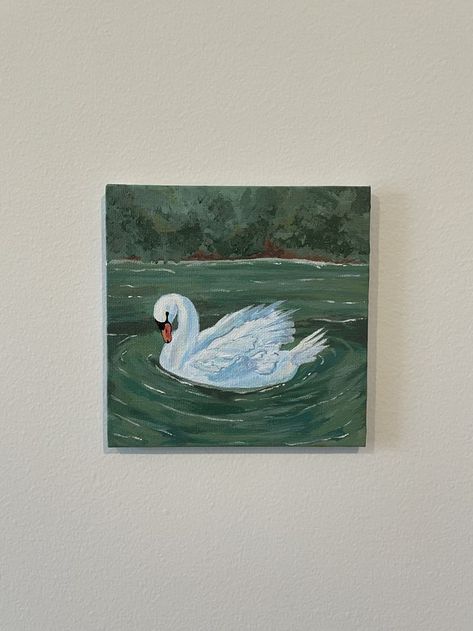 small painting of a swan on a greenish lake, 5in x 5in canvas, will be for sale on my Instagram Swan Painting, Swans Art, Easy Canvas Art, Soyut Sanat Tabloları, Body Of Water, Spirited Art, Canvas Painting Designs, Watercolor Art Lessons, Happy Paintings