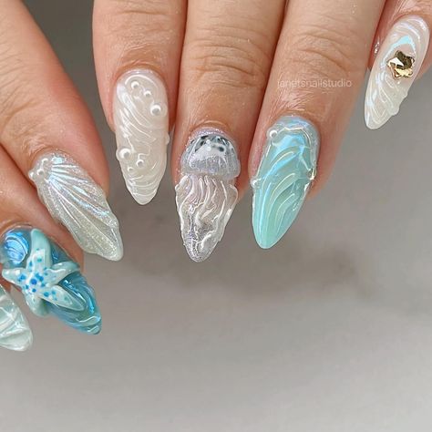 🩵 Aqua Jelly 🪼 My Aug/Sep Starfish x Jellyfish Specjal on Medium Almond Gelx ✨ DM to book for August 🐋 #nailinspo #3dnails #naildesign #nailart #oceannails #jellyfishnails #3dnailart #nails2inspire #waternails #naturenails #summernails #chromenails #almondnails #gelxinspo Jelly Fish Nails Art, Aquatic Nails, Jellyfish Nail Art, Jellyfish Nails, Starfish Nails, Fish Nail Art, Fish Nails, Euphoria Nails, Beachy Nails