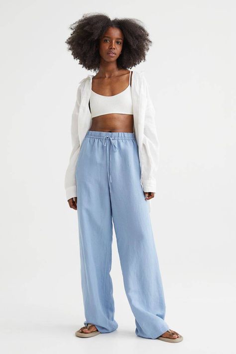 Blue Linen Pants Outfit, Blue Linen Pants, Pyjama Satin, Cotton Linen Pants, Linen Blend Pants, Blue Trousers, Wide Leg Linen Pants, Pantalon Large, Linen Pants