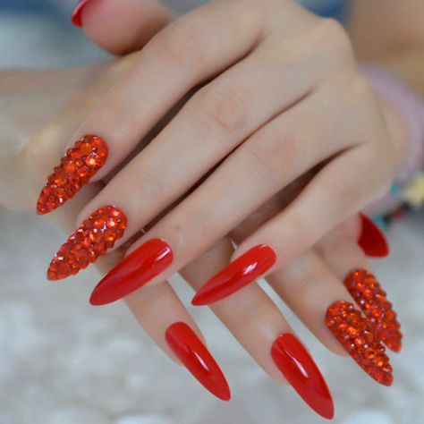 Red Leopard Nails: Lava - Red & Rhinestone / Stiletto Press On Nails Valentines Nail Art Designs, Latest Nail Designs, Nail Store, Long Press On Nails, Long Stiletto, Valentine Nail Art, Nails Tips, Nails Fake, Fake Nail