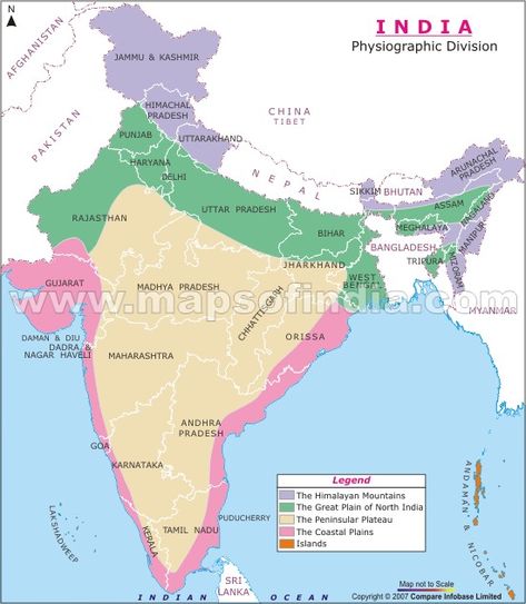 The map depicts different physiographic regions in India. Gk English, Indian River Map, Indian Geography, India World Map, World Map Continents, Animals Name In English, Map Of India, India Gk, American History Lessons