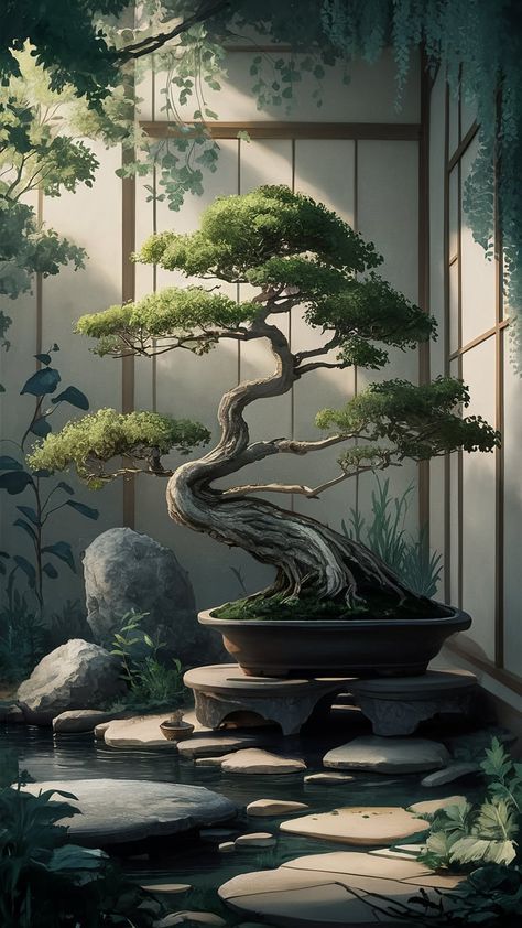 Immerse yourself in tranquility with our Bonsai Bliss wallpaper. Featuring an intricately cultivated miniature tree in a serene Japanese setting, this design harmonizes graceful lines and delicate foliage. Surrounded by nature elements like smooth stones and gentle water features, the subtle earthy colors evoke calmness. Perfect for lovers of Japanese art, Impressionism, and peaceful home decor. #Bonsai #Wallpaper #Serenity Bonsai Wallpaper, Peaceful Home Decor, Bliss Wallpaper, Japanese Bonsai Tree, Nature Elements, Japanese Bonsai, Zen Space, Peaceful Home, Japanese Zen