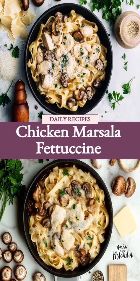 Chicken Marsala Fettuccine, creamy mushroom sauce, Italian pasta recipe, white wine sauce, savory chicken dish, gourmet pasta dinner Chicken Marsala Fettuccine, Fettuccine Recipe, Fettuccine Recipes, Fettuccine Pasta, Marsala Wine, Chicken Marsala, Wine Sauce, Special Dinner, Delicious Chicken