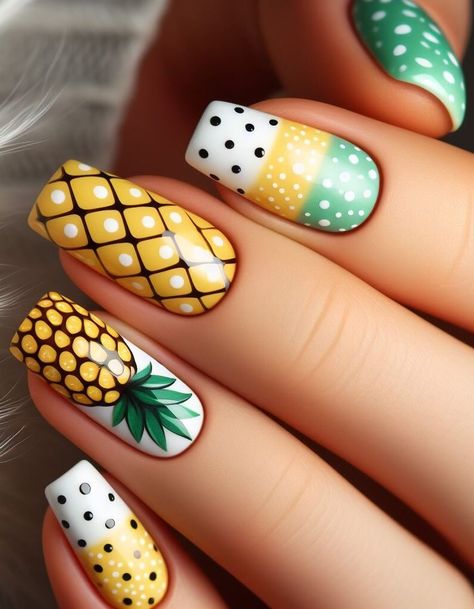 Tropical vibes for 2024! Get ready for summer with these adorable pineapple nail art designs featuring juicy colors and playful details. Perfect for adding a touch of sunshine to your fingertips. ☀️ Fruits Nail Art Designs, Pineapple Nail Designs, Pineapple Nail Design, Pineapple Nail Art, Character Nails, Pineapple Nails, Fingernails Painted, Fruit Nail, Nautical Nails