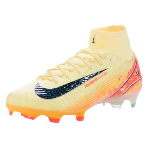 Nike Zoom Mercurial Superfly 10 Elite KM FG Firm Ground Soccer Cleat Light Laser Orange/Armory Navy. The total package. As one of the best play-finishers in the world, Kylian Mbappe combines explosive speed, twitchy changes of direction, and a rocket for a right foot. To meet the demands of a player like Mbappe, Nike engineered the Air Zoom unit in this player-edition of the Superfly 10 Elite to provide the perfect propulsive feeling. Get ready to outrun the competition. A wave-like traction pattern features a series of cascading studs, built to engage more surface area of the Air Zoom unit, while providing the necessary amount of grip. In terms of stud height, the largest stud is the same height as Nike’s more traditional middle studs, which helps maintain traction. Evolved chevron and bl Nike Soccer Cleats Womens, Soccer Cleats Men, Cute Soccer Cleats Nike, Mbappe Cleats, Soccer Cleats Womens, Football Boots Nike, Soccer Things, Womens Soccer Cleats, Soccer Poses