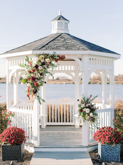 Outside Gazebo Wedding Ideas, Gazebo Decor For Wedding, Gazebo Decorating Ideas Wedding Simple, Decorated Gazebo For Wedding, Wedding Gazebo Decorations Outdoor Fall, Wedding Decor Gazebo, Gazebo Arch Wedding, Gazebo Ideas Backyard Wedding, Gazebo Fall Wedding Decorations