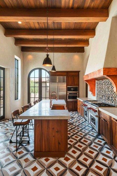 60 Spanish-Style Kitchen Ideas (Mediterranean Design) Spanish Style Kitchen Ideas, Modern Spanish Style Kitchen, Spanish Tile Kitchen, Spanish Inspired Kitchen, Modern Spanish Kitchen, Spanish Revival Kitchen, Spanish Kitchen Decor, Tile Kitchen Floor, Spanish Kitchen Design