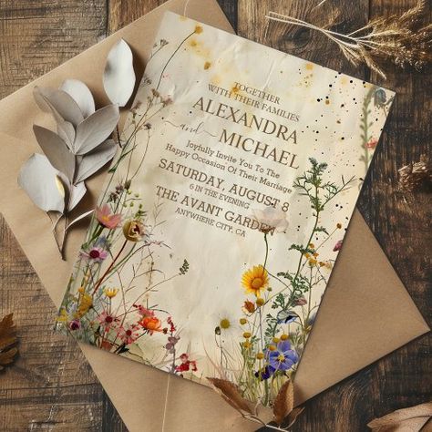 $1.98 | Boho Fall Wildflower Wedding #boho autumn wildflower botanical wedding, rustic elegant greenery, watercolor vintage antique floral, elegant fall, bohemian, soft muted earth tones, tan beige terracotta, pressed dried flowers, elegant, modern Fall Wildflower Wedding, Eclectic Wedding Invitations, Woodland Ferns, Port Renfrew, Cottage Core Wedding, Wildflower Decor, Fern Wedding, Wildflower Wedding Invitations, Nature Inspired Wedding