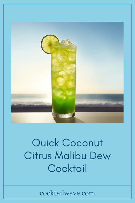 Discover the delightful Malibu Dew cocktail, combining tropical coconut goodness with zesty Mountain Dew. Make this quick and refreshing drink at home with our easy recipe! Try this unique blend of flavors in under five minutes. Perfect for summer parties or a relaxing evening cocktail. Deceptively simple, yet absolutely delicious - indulge in a taste of the tropics today! Vodka Press, Gin Buck, Screwdriver Cocktail, Rainbow Cocktail, Ginger Cocktails, Fuzzy Navel, Peach Puree, Peach Bellini, Relaxing Evening