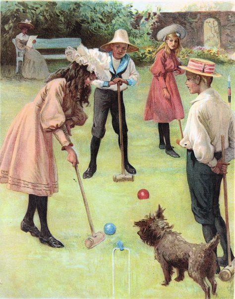 Girls and boys playing croquet lawn game Vintage Antique Illustration Free Croquet Party, American Garden, Pall Mall, Antique Illustration, Images Vintage, Boys Playing, Early American, Vintage Children, Art Reproductions