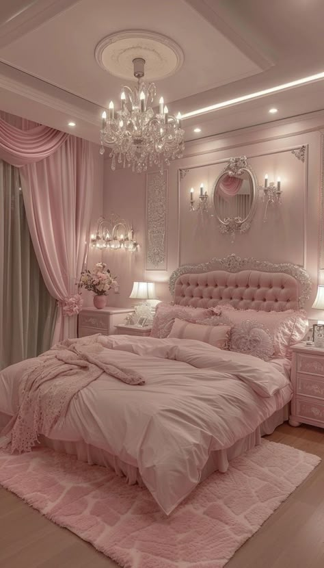 Feminine pink bedroom Girly Pink Bedroom, Princess Room Decor, Pink Bedroom Decor, Dream Bedroom Inspiration, Pink Room Decor, Coquette Room, Cute Rooms, Dream Apartment Decor, Dekorasi Kamar Tidur