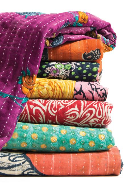 With their whimsical fabrics and uneven stitching, kantha throws are fun, colorful accessories. Yet like other quilting traditions, the art form has rich cultural roots. And it starts in India and Bangladesh. Boho Couture, Sari Quilt, Quilts Vintage, Bohemian Quilt, Kantha Throw Blanket, Boho Quilt, Indian Quilt, Handmade Throws, Kantha Quilts