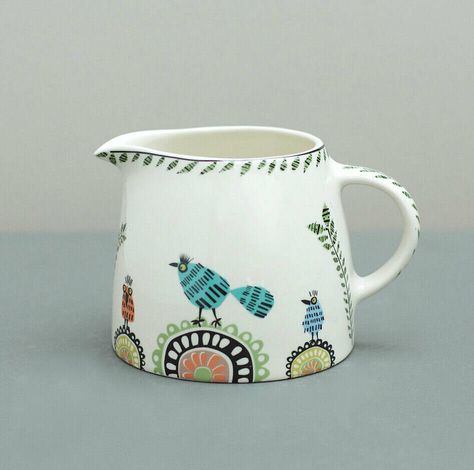 Pattern Pottery, Earthenware Ceramics, Pottery Jug, Bird Pattern, Breakfast Table, The Breakfast, Cat And Dog, Bird Patterns, Quirky Design