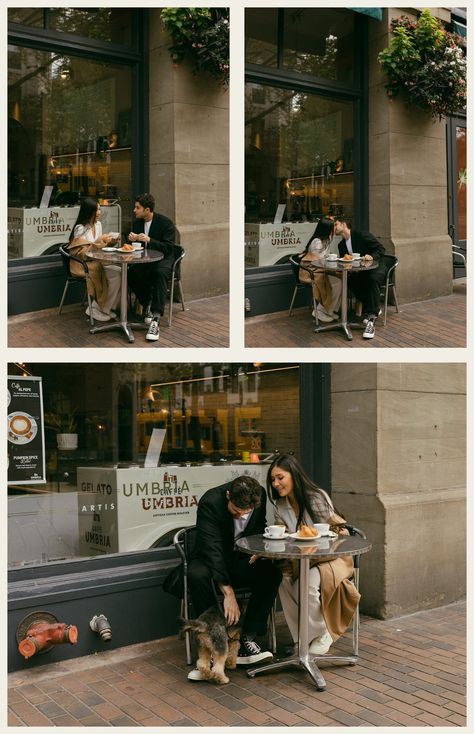 Romantic Coffee Shop Engagement Photos in Pioneer Square Coffee Shop Family Photoshoot, Cafe Engagement Photos, Coffee Shop Engagement Photos, Coffee Photoshoot Ideas, Coffee Shop Engagement Shoot, Cozy Engagement Photos, Coffee Engagement Photos, Coffee Shop Photoshoot, Urban Shoot