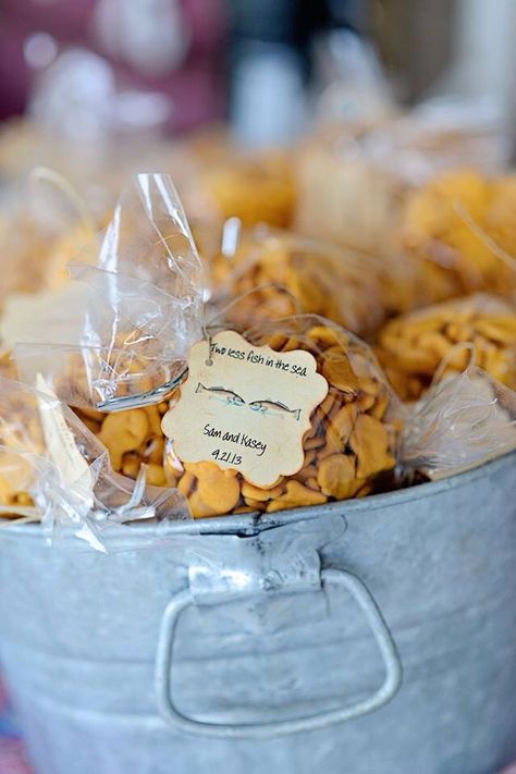 Two less fish in the sea. Bags of goldfish for wedding favors. Wedding Favors For Kids, Fishing Themed Wedding, Grooms Table, Beach Wedding Ideas, Wedding Favor Table, Fishing Wedding, Fish In The Sea, Sea Wedding, Sea Bags