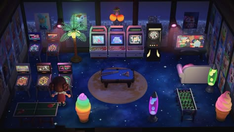 Animal Crossing Arcade Room, Acnh Arcade Ideas, Acnh Arcade Room, Basement Acnh Ideas, Animal Crossing Arcade Ideas, Basement Animal Crossing, Animal Crossing Laboratory, Arcade Animal Crossing, Acnh Arcade Outside