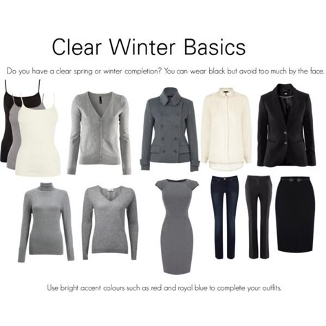 This would be such an awesome basis for a wardrobe, and then add in your super punchy colors as scarves, tights, jewellery, bags, etc. Simple but glamorous! Winter Complexion, Zyla Palette, Bright Winter Outfits, Bright Clear Winter, Cool Winter Color Palette, Winter Basics, Winter Palette, Winter Typ, Mode Tips