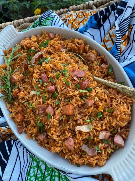 LOW COUNTRY RED RICE — Taste Tutor Red Rice Recipe, Gullah Geechee, Fried Tomatoes, Red Rice, Vegan Sausage, Fire Roasted Tomatoes, How To Cook Rice, Andouille, Bacon Bits