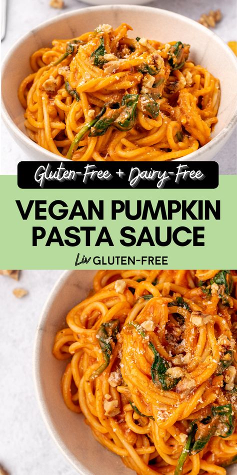 Vegan Pumpkin Pasta, Pumpkin Pasta Sauce Recipe, Vegan Autumn, Gluten Free Fall Recipes, Pumpkin Pasta Sauce, Autumn Dinner, Dairy Free Pasta, Pumpkin Sauce, Pumpkin Pasta