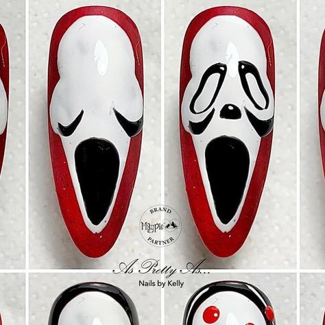 Kelly Scothorn on Instagram: "Ghost face - The Scream 😱 

Another #repost here with this step by step. Another Scream Ghostface design. 

If you like Halloween nails, please save and practise for your clients sets. 

Save for inspo 😱😱
Using #everythingmagpie @magpie_beauty 

#ghostface #thescreamnails #wednesdayaddams #thescream #asprettyas_nailsbykelly #magpiebeauty #halloweennails #halloweennailart #nailart #stepbystepnails #stepbystepnailart #nailartpictorial #nailartstepbystep #nailarttutorial #areyoualoneinthehouse 

@magpiebeautyusa @mk_manikur @secret_manikur" Ghostface Design, Ghost Face Nails, Ghostface Nails, Scream Nails, Face Nails, Scream Ghostface, The Scream, Ghost Face, Ghost Faces