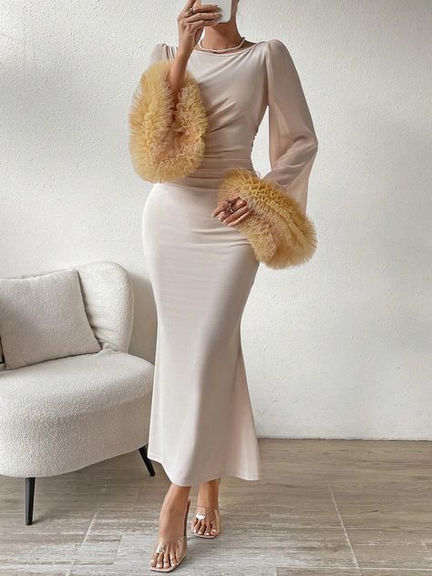 Canary Houze · Products · Elegance Personified: Purple Ruffle Trim Trumpet Sleeve Mermaid Hem Dress · Shopify Modest Dresses Fashion, Trumpet Sleeve, Evening Gowns Elegant, Extra Long Sleeves, Chiffon Long Sleeve, Women Long Dresses, Purple Fashion, Long Dresses, Hem Dress