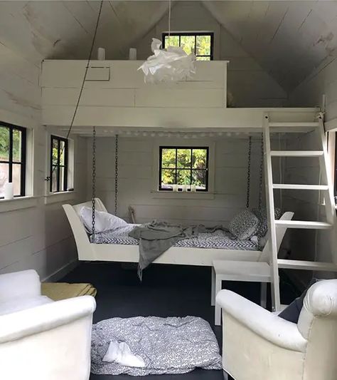 24 Backyard Shed Bedroom Ideas 9 She Shed With Loft Ideas, She Shed Bunk House, Livable Sheds Interior, Shed Loft Ideas, She Shed With Loft, Small She Shed Interiors, Small She Shed Ideas, Shed Bedroom Ideas, Shed Apartment