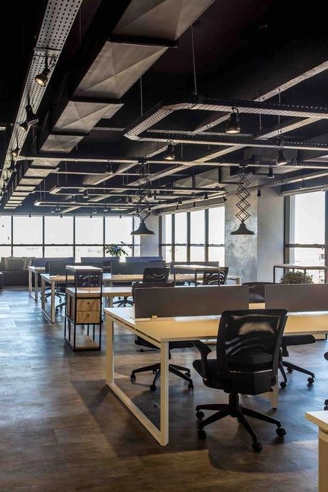 Open Ceiling Office Design, Industrial Ceiling Design, Open Ceiling Design, Office Interior Design Creative, Industrial Office Space, Industrial Style Office, Open Office Design, Industrial Office Design, Open Ceiling