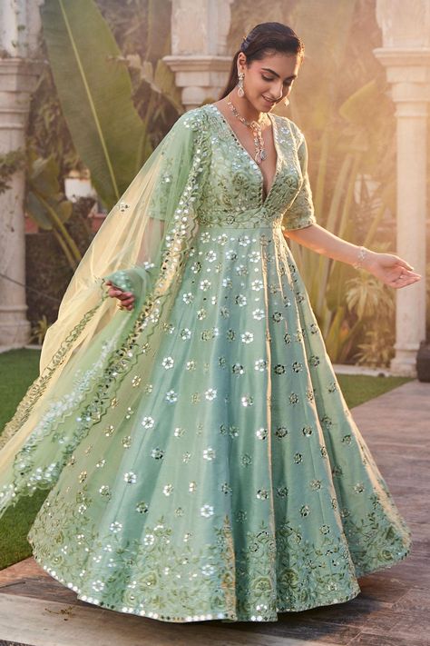 Buy Sea green anarkali with intricate mirror & thread embroidery in a floral pattern by Mehak Murpana at Aza Fashions. Shop online now at #Azafashions.com Call +91 8291990059 or email contactus@azafashions.com for enquiries. #aza #azafashions #anarkaliset #anarkalisetforwomen #anarkalisetforwedding #embroideredanarkaliset #mirrorworkanarkaliset #anarkali #floralanarkaliset Pastel Anarkali Suits, Designer Anarkali Dresses Party Wear, Sea Green Anarkali, Anarkali Dress Party Wear, Intricate Mirror, Sheer Dupatta, Green Anarkali, White Anarkali, Designer Anarkali Dresses