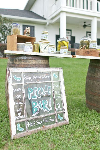 Fried Green Pickles: Wedding Wednesday: Pickle Bar! Pickle Bar, Wedding Food Bars, Basic Wedding, Primary Ideas, Food Bar, City Farm, Lds Primary, Man Photography, Diy Window