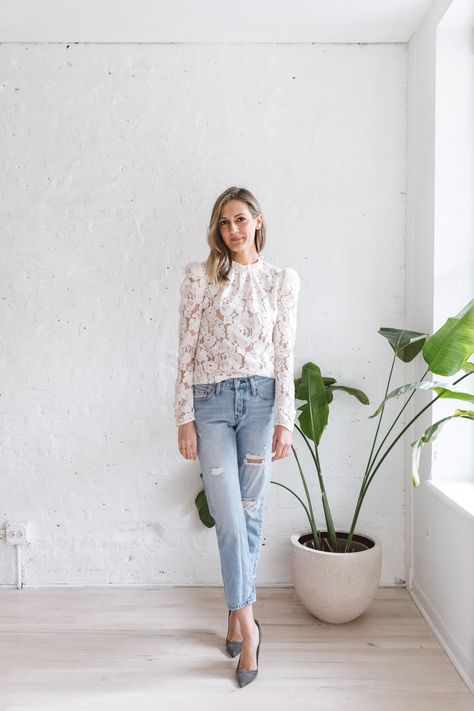 wayf lace top White Lace Top Outfit, Lace Top Outfit White, Lace Shirt Outfit, Lace Top Outfit, Spring Summer Capsule Wardrobe, Curvy Petite Fashion, Boyfriend Jean, White Lace Top, Lace Shirt