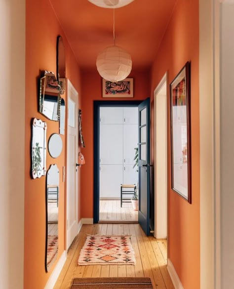 Your Colourful Home | Welcome home 😍 Hallways that makes you feel welcome 🫶 @look_good_in_blue @house_in_oslo @vibbenygaard @ingrid_oni Photo… | Instagram Orange Colour Interior Design, Orange Hallway Ideas, Orange Wall Paint, Hall Colours, Hallway Colour Ideas, Orange Entryway, Orange Interior Design, Hall Color, Yellow Hallway