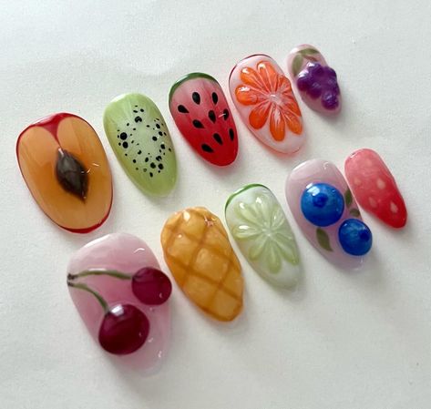 3d fruits 🍇🍒🍊 Acrylic Nails With Fruit, Fruit Charm Nails, Fruit Nail Art Acrylic, Fruit Slice Nails, 3d Nail Designs Fruit, 3d Cherries Nails, How To Do Nails, Stylish Nails, Nail Inspo