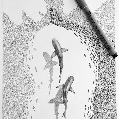 Fish Black And White, Dotted Drawings, Shark Drawing, Stippling Art, Black And White Illustrations, Shark Art, Shark Tattoos, Ink Pen, Fish Art