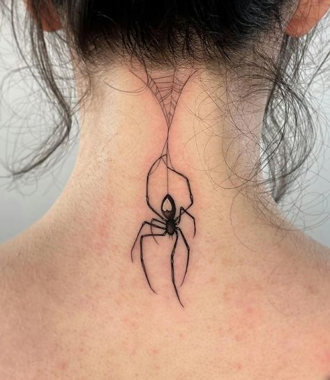 Spine Tattoos Symbols, Spider Nape Tattoo, Spider Arm Tattoo Women, Chest Spider Web Tattoo, Back Of Neck Spider Tattoo, Black Widow Spider Web Tattoo, Spooky Spine Tattoos For Women, Spider Fairy Tattoo, Spider Stick And Poke Tattoo