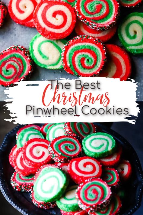 Delicious sugar cookies laced with almond and vanilla are crafted into a mesmerizing swirl and dipped in sprinkles. This bright batch of baked goodies is perfect for cookie swaps or Christmas gifts! #cookies #christmascookies Christmas Swirl Sugar Cookies, Swirl Christmas Cookies, Pinwheel Christmas Cookies, Christmas Swirl Cookies, Christmas Pinwheel Cookies, Swirl Sugar Cookies, Pinwheel Sugar Cookies, Pinwheel Cookies, Yummy Sugar Cookies