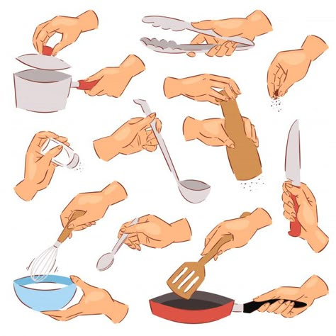 Cooking Pose Reference Drawing, Cooking Animation, Healthy Illustration, Cook Illustration, Hands Vector, Food Illustration Design, Kitchen Icon, Illustration Kitchen, Kitchen Drawing