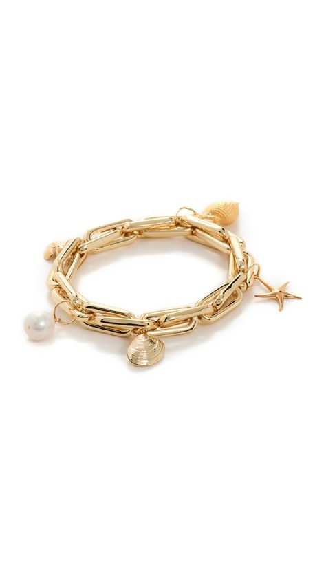 PRICES MAY VARY. Star, seashells, and floral charms, Chunky chain with polished finish, Elastic design, Freshwater cultured pearl Diameter: 2.25in / 6cm Linked Charm Bracelet Birthday Haul, Charm Bracelet Gold, Bday Gifts, Gold Girl, Chunky Bracelets, Forever And Always, Best Jewelry, Bracelet Gold, Gold Charm