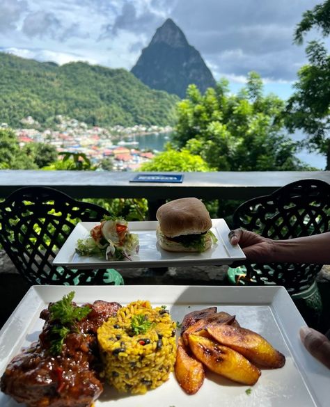 Look forward to lunch with a stunning view of Gros Piton. Many of our restaurants and food vendors use fresh local ingredients in their dishes, so foodies will have no problem in having a unforgettable dining experience. 📸 @greenfigresort (IG) #TravelSaintLucia #LetHerInspireYou #SaintLucia #Caribbean #travel Saint Lucia Food, St Lucia Food, Caribbean Dishes, French Caribbean, Saint Lucia, Bestie Goals, Caribbean Travel, African Food, St Lucia