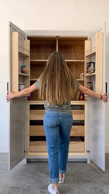 Woodshop Diaries | Shara on Instagram: "Extra storage in the kitchen is always a great idea. I’m excited to be sharing new plans and full build video for this large pantry cabinet that can be used as a stand alone or as part of a built in 🙌 
This has been on my to build list for years and I’m so glad it finally came to life. Comment PLANS for a link to the build plans! #kitchenstorage #kitchenpantry #pantrydesign #diywoodworking #diyfurniture" Pantry Building Plans, Pantry Cabinet In Bathroom, Large Pantry Cabinet, Pantry Kitchen Cabinets, Stand Alone Kitchen Pantry, Diy Pantry Cabinet, Stand Alone Pantry, Woodshop Diaries, Food Pantry Cabinet