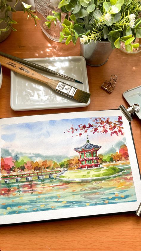 Watercolor, acuarela, Tutorial, Seoul, step by step, painting, Northern Palace, sketchbook, travel sketchbook, travel illustration Seoul Drawing, Seoul Painting, Korea Watercolor, Korea Painting, Palace Painting, Arts References, Alien House, Arte Aesthetic, Elegant Wall Art